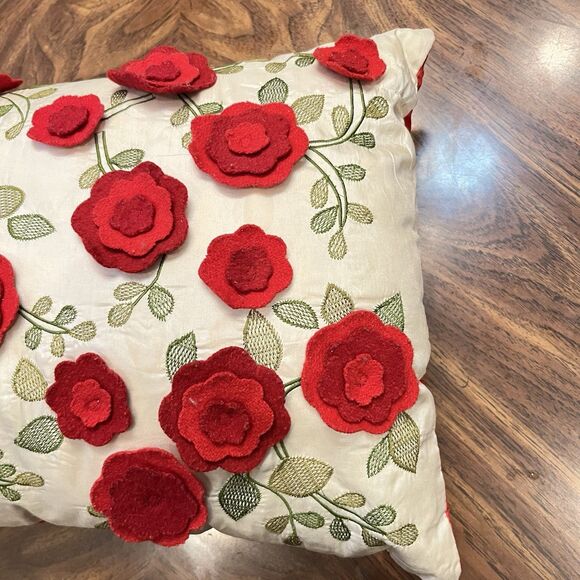 Pier 1 One Imports Throw Pillow Down Red Rose Felt Decor 3D Floral Cherry Red - Picture 5 of 11
